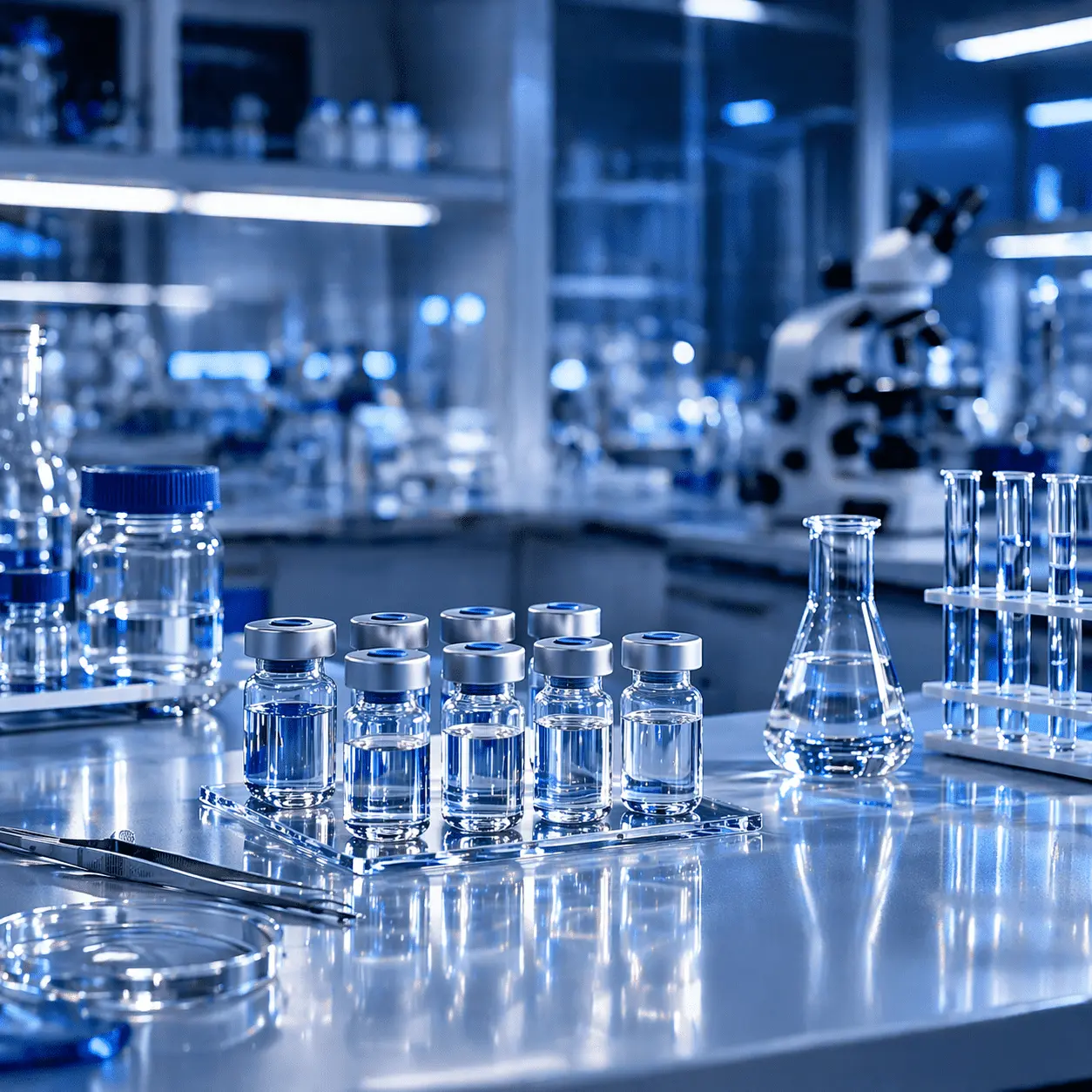 Clean pharmaceutical laboratory workspace with organised vials and glass equipment